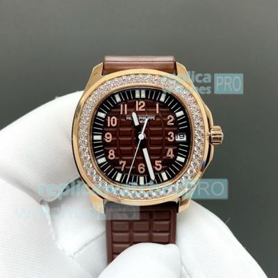 PP+ Factory 1:1 Gain Weight Patek Philippe Aquanaut Brown Dial Rose Gold Diamond Replica Watch 